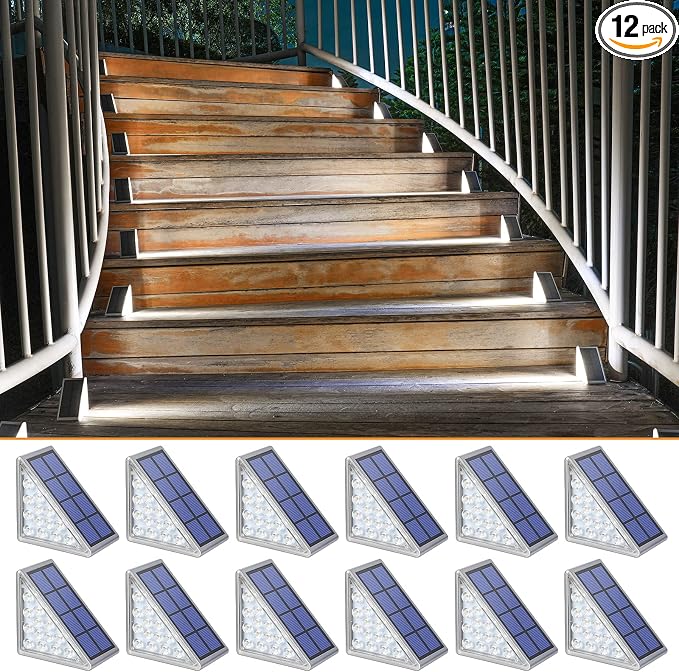 Solar Step Lights,12 Pack Cool White Solar Stair Lights Outdoor Waterproof IP67 Auto On Off,Solar Lights for Steps,Stair,Patio,Yard,Porch,Front Door,Sidewalk,Deck Decor