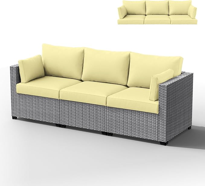 Outdoor Furniture Replacement Cushions, Waterproof Patio Furniture Cushions, 4" Deep Seat Outdoor Sectional Cushion for 3-Seat Outdoors Rattan Sofa Patio Sofa Cushion, Light Yellow