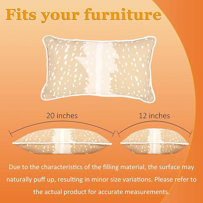 12x20 Inch Outdoor Lumbar Pillows, 4-Pack with Built-in Inserts. One-Piece Zipper-Free Design, Supportive, Fade & Water Resistant for Patio, Porch, Couch and Office Chair, Beige Fawn Print