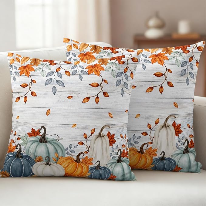 Fall Waterproof Outdoor Pillow Covers 24''x24'' Set of 2, Thanksgiving Maple Leaf Branch Vintage Wooden Patio Cushion Covers for Chairs,Decorative Blue Green Pumpkin Pillow Cases for Garden/Pool/Beach