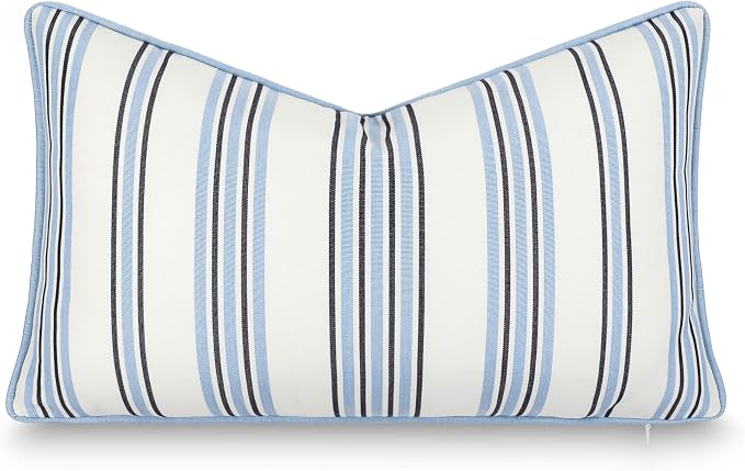 Hofdeco Premium Coastal Hampton Outdoor Performance Lumbar Pillow Cover Only, 12"x20" Water Repellent, UV and Fade Resistant for Backyard, Couch, Poolside, Azure Blue Indigo Woven Bayside Stripes