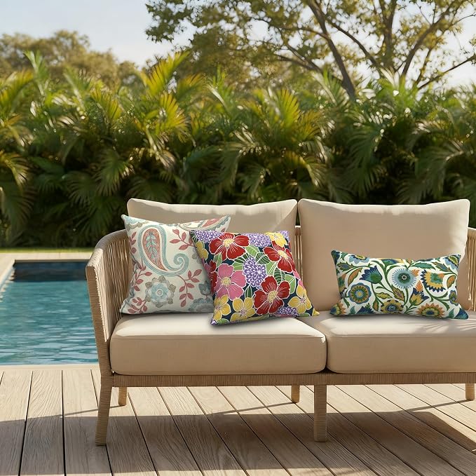 DYTXIII Pack of 2 Waterproof Outdoor Pillow with Inserts, 18x18 Square Patio Decorative Throw Pillow for Home,Sofa,Bench and Patio Furniture,Flower Bloom
