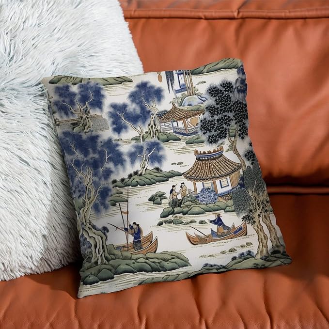 Asian Scenic Throw Pillow Covers Blue and Green Chinoiserie Cushion Cover 20x20 INFarmhouse Accent Modern Decorative Pillow Covers for Patio Furniture Tent Garden