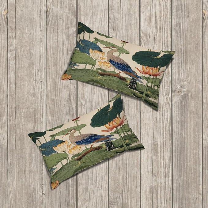 Set of 2 Chinese Pond Bird Decorative Throw Pillow Covers 12x20in Farmhouse Rectangle Accent Pillow Cases Cushion Cover Cases for Sofa Chair Bedroom Home Decor