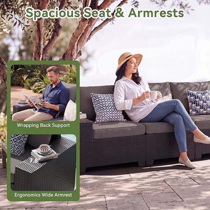LazySunsets 10 PCS Patio Furniture Set with 44'' Fire Pit Table, Outdoor Sectional All-Weather Wicker Conversation Set with Swivel Rocker Chairs, 4'' Thick Cushions for Backyard Poolside(Crey/Black)