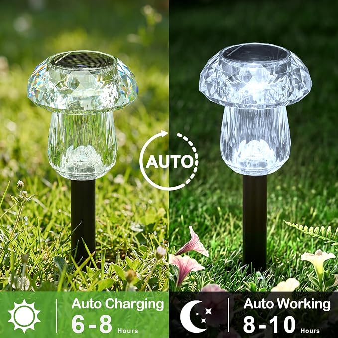 16Pack Solar Garden Lights Outdoor 6000K Cool White Mushroom Decor | Waterproof Pathway Outside Yard Walkway Landscape Path Lighting, LED Auto On/Off Decorations, Acrylic Diamond-like Lampshade
