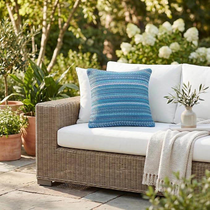 Fab Habitat Outdoor Premium Recycled Plastic Pillow - Waterproof, Fade Resistant - Striped - Patio, Porch, Deck, Balcony - Cancun - Indigo - 16.5" x 16.5"