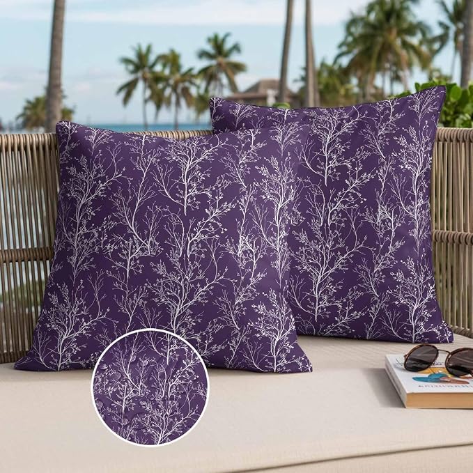Purple Branches Waterproof Outdoor Pillow Covers Set of 2 Home Decor, Abstract Art Leaves Plant Pillowcase Patio Pillow Covers for Couch Bench Patio Furniture Garden 26x26in