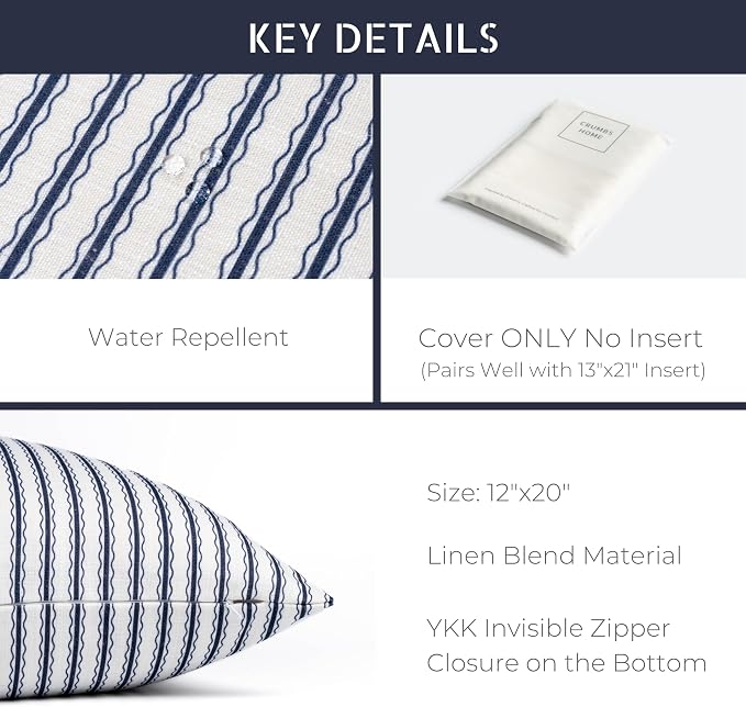 California Casual Coastal Indoor Outdoor Lumbar Pillow Cover, 12"x20" Water Repellent for Patio, Backyard, Couch, Poolside, Dark Navy Print Wave Stripes