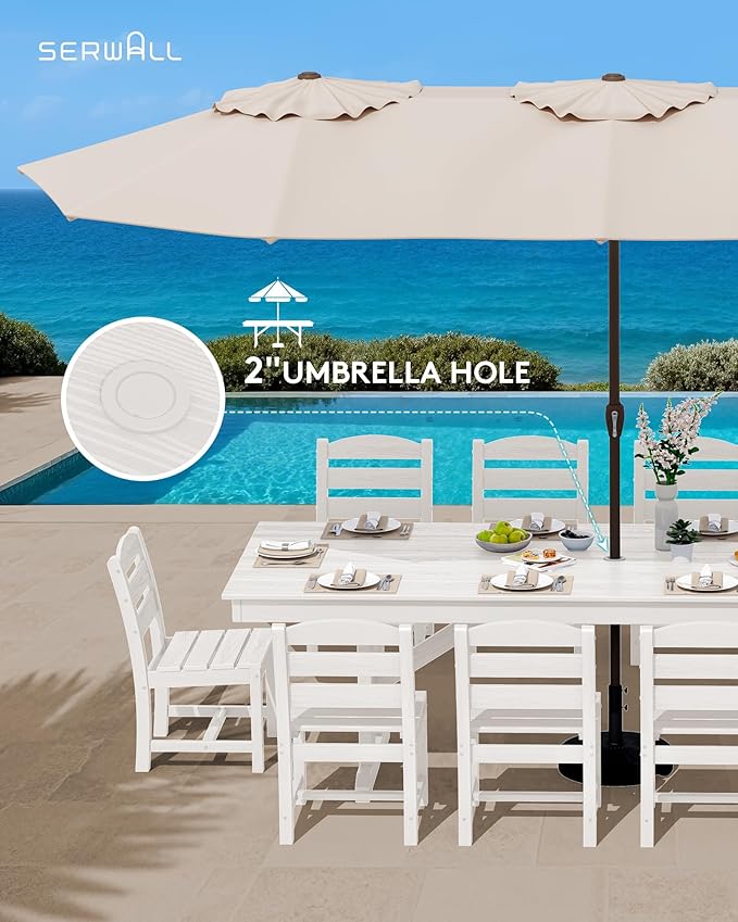 SERWALL 10 Piece Outdoor Dining Set with 15ft Triple-Head Foldable Umbrella(Based not Included), 84" HDPE Outdoor Table and Armless Chairs Set for 8, White