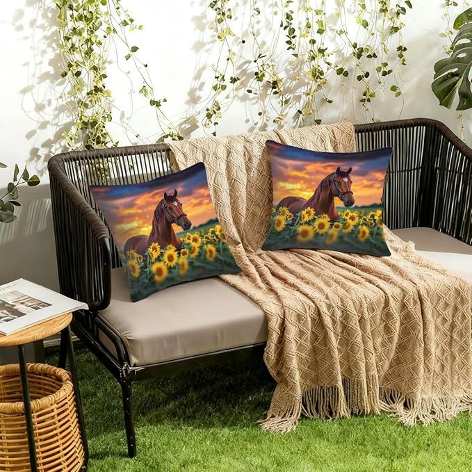 18x18 Inch Outdoor Pillow Covers Set of 2 Waterproof Throw Pillow Covers Decorative Couch Cushion Covers Brown Horse Sunflower Square Pillowcases Protectors for Patio Garden Sofa