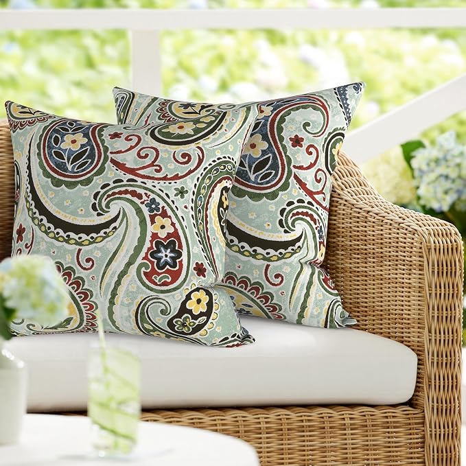 DYTXIII Pack of 2 Outdoor Waterproof Pillow Covers ONLY, 18"x18" Square Decorative Double Printed Throw Pillow Cases for Patio Couch Porch Furniture, Paisley Lightcyan