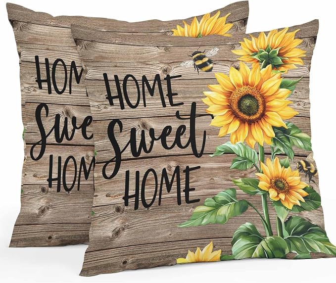 Throw Pillow Covers 18x18 Inch Set of 2, Sunflower Bee Waterproof Outdoor Pillow Covers, Farmhouse Country Wooden Plank Brown Decorative Cushion Pillowcases for Couch, Sofa, Bed, Garden, Patio