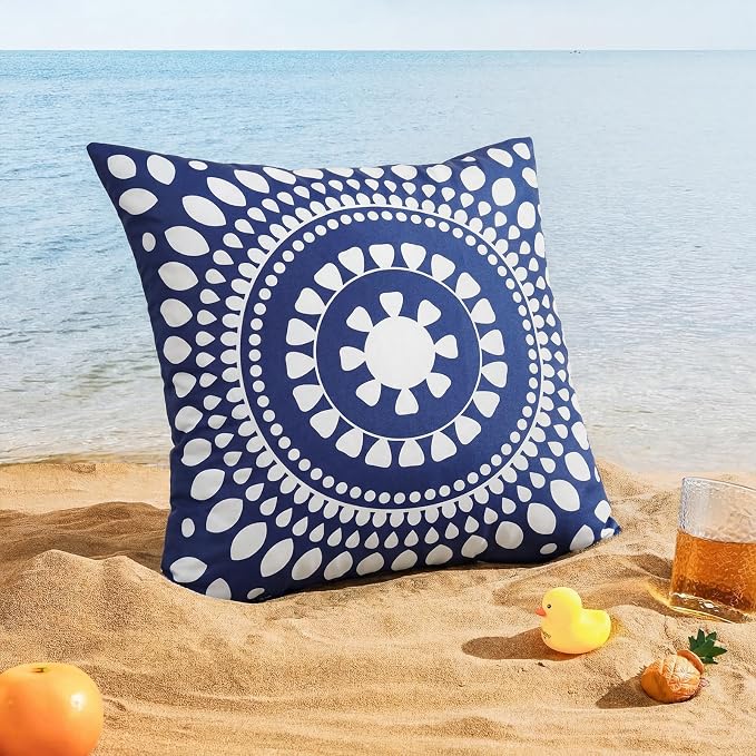 Merrycolor Set of 2 Outdoor Waterproof Throw Pillow Covers Blue and White Pillow Covers Floral Decorative Square Pillowcases Farmhouse Boho Outdoor Pillows for Patio Furniture 18x18 Inch Navy Blue