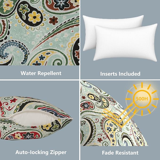LVTXIII 2 Pack Outdoor Lumbar Pillows 12x20 Inch with White Piping, Fade Resistant Support Throw Pillows with Inserts for Patio Furniture, Sofa, Chair, Paisley Light Cyan
