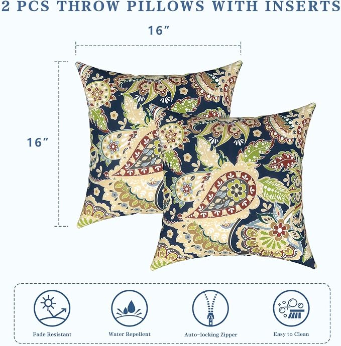 LVTXIII Outdoor Throw Pillows 16x16 Inch, Set of 2 Square Decorative Pillows with Inserts for Patio Furniture, Porch Chair, Garden Sofa, Paisley Bloom