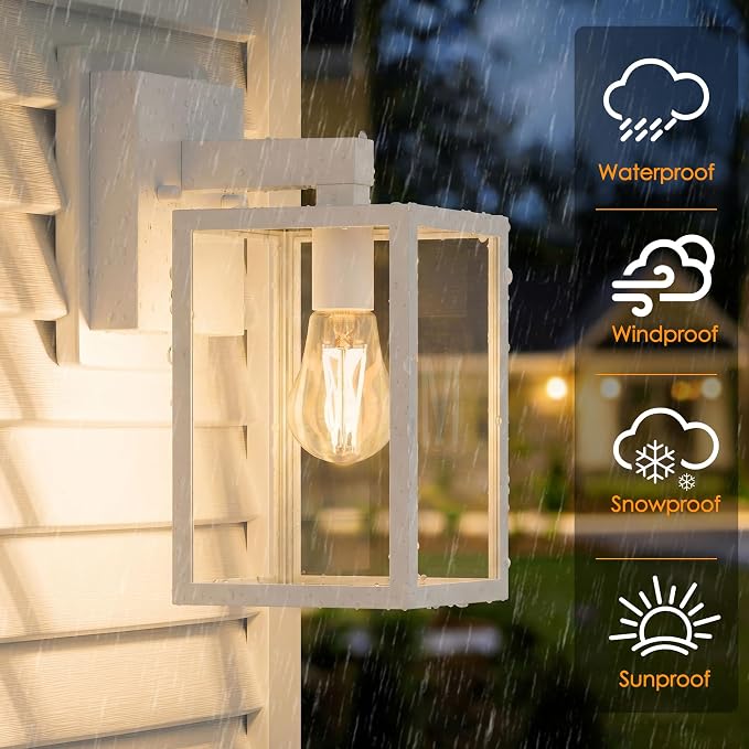 Outdoor Wall Light Fixture, White Porch Lights, 2 Pack | Waterproof, Anti-Rust, E26 Socket, Exterior Wall Mount Lamps, Front Door Lighting, Outside Patio Sconce Lantern, Garage
