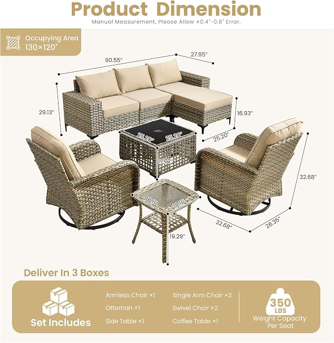 HOOOWOOO 8 Pieces Patio Furniture Set,L Shaped Outdoor Sectional Couch with Swivel Chiars Solar Table, Pe Wicker All Weather Outside Conversation Sofa Ottoman Set,Beige