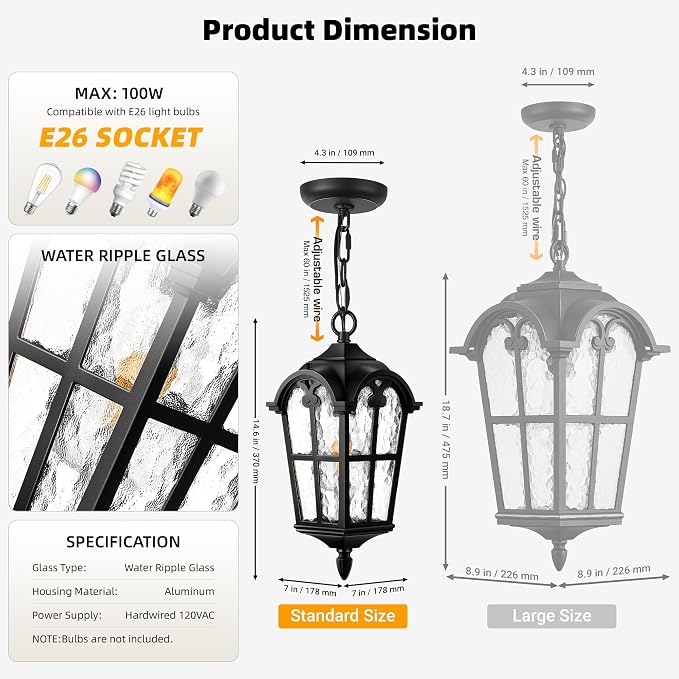 VIANIS Outdoor Pendant Light Fixture, Matte Black Vintage Outside Hanging Lights with Adjustable Chain, Aluminum Lighting Waterproof and Anti-Rust, Hanging Lanterns Outdoor for Entryway, Porch, Yard