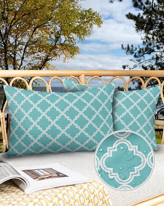 Outdoor Waterproof Pillow Covers for Patio Moroccan Pattern Decorative Throw Pillow Cover Geometric Trellis Cyan Blue Pillowcases Set of 2 Cushion Case for Sofa Couch Chair Home Decor 20x12 inch