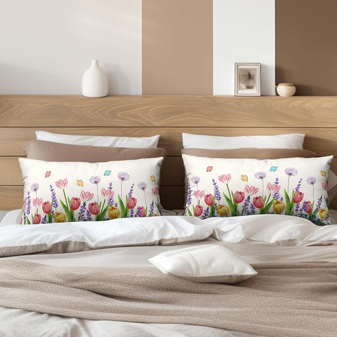 Spring Summer Floral Rectangle Pillow Case 12x20 Pink Tulip Lumbar Throw Pillow Covers Flowers with Butterflies Decorative Waist Pillowcase Set of 2 for Bed Couch Sofa