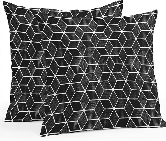 Black Honeycomb Tiling Waterproof Outdoor Pillow Covers Set of 2 Home Decor, Wooden Grain Blocks Pillowcase Patio Pillow Covers for Couch Bench Patio Furniture Garden 18x18in