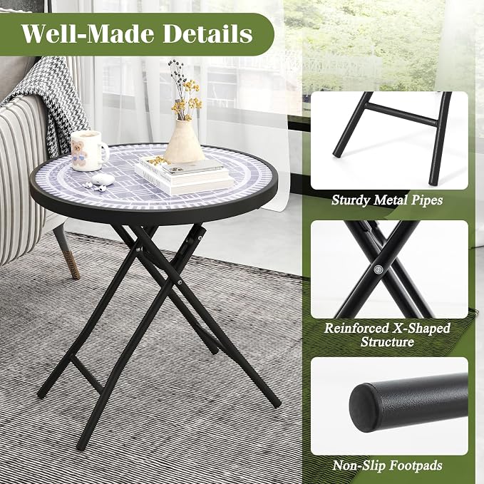 Giantex Set of 2 Folding Outdoor Side Table, 18” Round End Table with Tempered Glass Tabletop & Metal Frame, Portable Sofa Side Table, Patio Coffee Table for Yard Porch Poolside Living Room, Grey