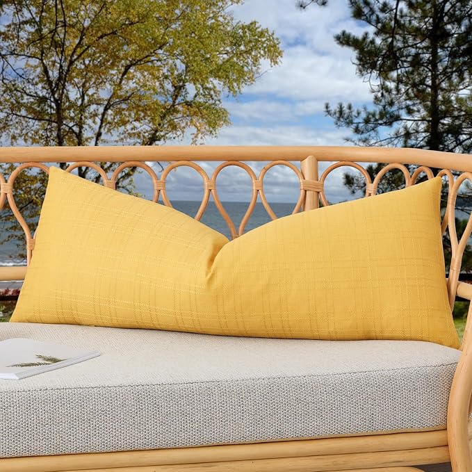 Kevin Textile Outdoor Waterproof 14”x36” Pillow Cover 1 Pack, Yellow | Water Resistant, Soft Faux Linen-cotton Yarn-dyed Woven Texture Throw Pillow Covers for Tent Patio Garden Couch Sofa