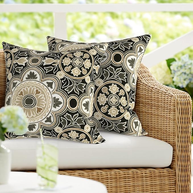 DYTXIII Pack of 2 Outdoor Waterproof Pillow Covers ONLY, 18"x18" Square Decorative Double Printed Throw Pillow Cases for Patio Couch Porch Furniture, Vintage Medallion