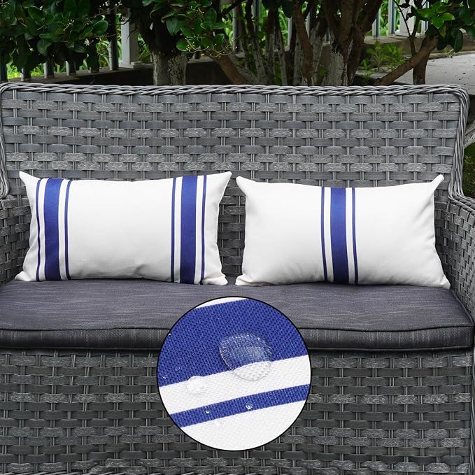 ONWAY Outdoor Pillow Covers Waterproof 12x20 Set of 2 Decorative Linen Throw Pillow Cover Beige and Navy Blue Striped Outdoor Pillows for Patio Furniture