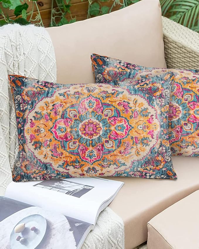 Prime Leader Outdoor Waterproof Pillow Covers Set of 2, Geometric Abstract Carpet Flowers Pattern Pink Patio Throw Pillow Covers, Decorative Cushion Case for Couch Sofa Furniture Garden, 20x12 Inch