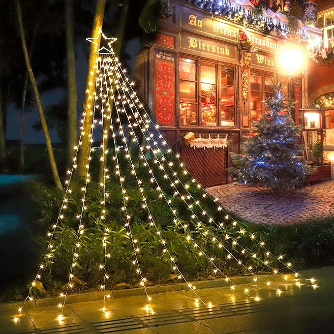 (New Christmas Decoration Lights, 320 LED Waterfall Christmas Tree Lights with 12" Star Topper, 8 Modes Indoor Outdoor String Lights for Yard, Party, Home, Holiday (Warm White)