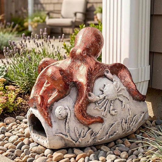 Teaeeno Octopus Downspout Extender Statue - Outdoor Garden Decor, Drain Pipe Cover with Crab & Coral Design - Durable Resin for US Lawns, Patios, and Yards (Red)