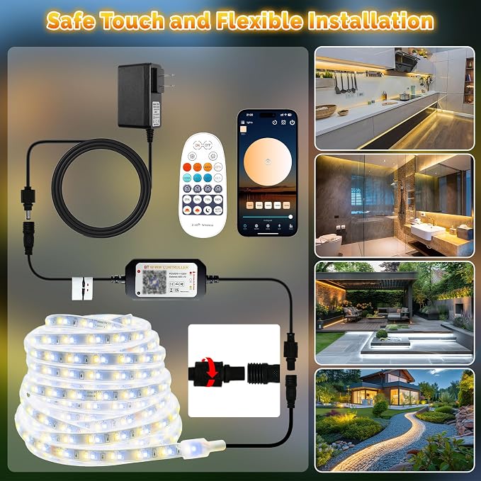 Outdoor LED Strip Lights Waterproof IP67, Dimmable 3000K-6500K Warm White LED Rope Lights Outdoor Waterproof with Remote & APP, 24v Adhesive Exterior Lighting for Patio, Deck, Gazebo (32.8FT/10M)