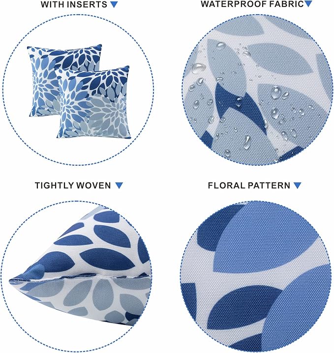 JMGBird Outdoor Throw Pillow Covers with Inserts 18x18 Outdoor Pillow | Blue Mandala Flower Pattern Waterproof Decorative Pillows for Patio Furniture