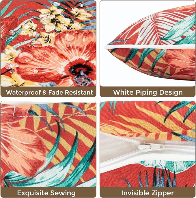 Lumbar Pillow Covers Set of 2, Outdoor Indoor Waterproof Decorative Patio Lumbar Pillowcase Shell 12x20 Inch, Rectangular Cushion Case for Couch Sofa Garden Farmhouse-Chili Red Floral
