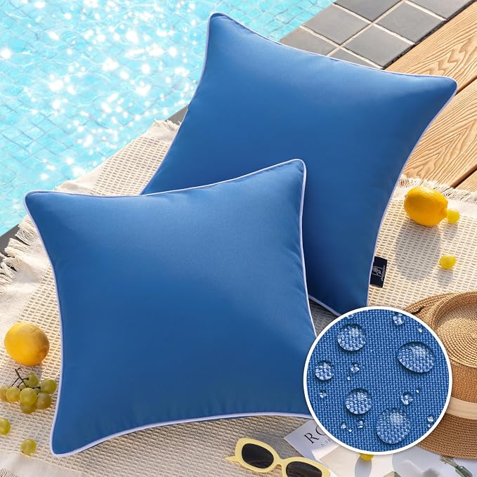 Phantoscope Pack of 2 Outdoor Waterproof Solid Throw Decorative Pillow Cover Decorative Square Outdoor Pillows Cushion Case Patio Pillows for Couch Tent, Blue 18x18 inches 45x45 cm