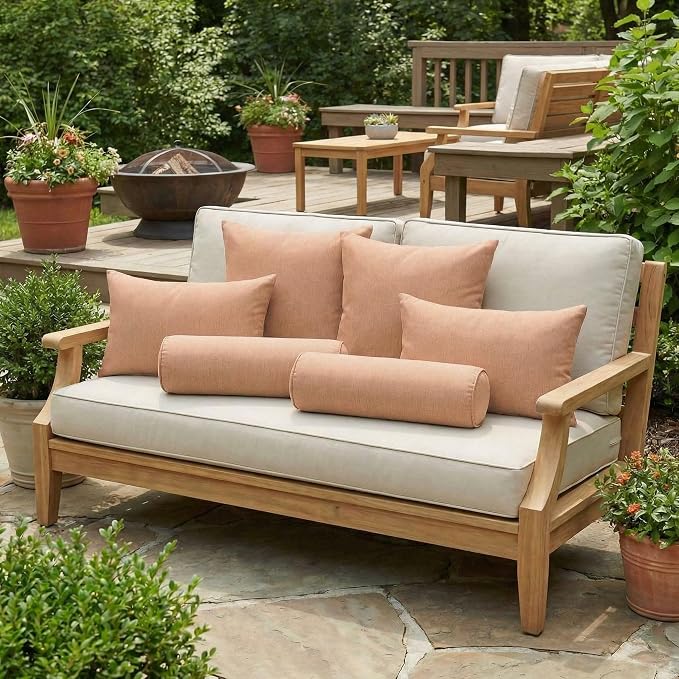 RSH DECOR: 6-Pack Pillow Set | Sunbrella Performance Fabric |Water & Fade-Resistant| 17" Square, 20"x12" Lumbar, 20"x6" Neck Roll | Outdoor Throw Pillows | Made in USA (Cast Petal Pink)