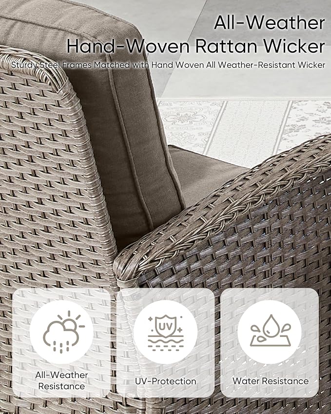 HUMMUH Wicker Patio Furniture Set-All Weather Rattan Patio Sofa Set with Swivel Rocker Chairs Outdoor Conversation Set for Deck Lawn Porch Balcony Poolside-Grey/Grey
