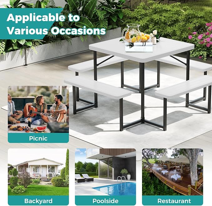 Byroce Outdoor Picnic Table for 4-8 Person, HDPE Picnic Camping Table Set with 4 Benches, Umbrella Hole & Metal Frame, Heavy Duty Square Dining Table Chairs for BBQ in Patio, Yard & Poolside (White)