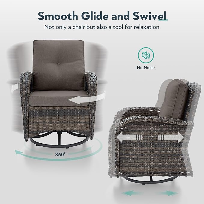 7 Piece Patio Furniture Set - Wicker Patio Conversation Set with Swivel Glider, 3 Seat Sofa, 2 Ottomans, Glass Side Table and Coffee Table for Deck Backyard - Brown Wicker Grey Cushion