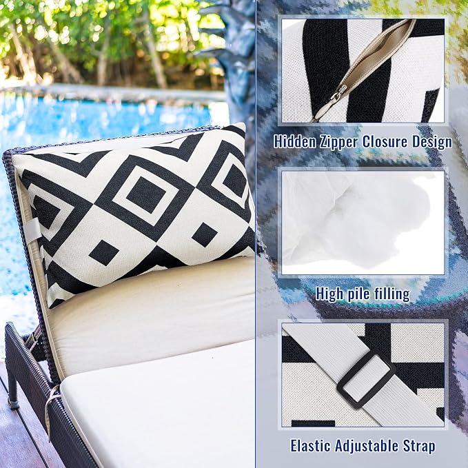 Juexica 2 Pack Chaise Lounge Pillow with Strap Outdoor Waterproof Beach Chair Neck Headrest Pillow Adjustable Elastic Band for Hammock Lumbar Recliner Pillows for Patio Pool Chair(Stripe Style)