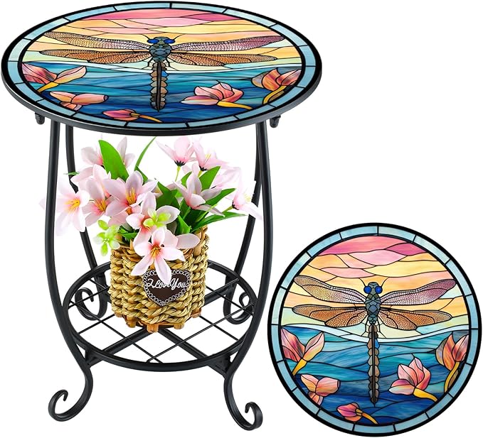 Cinnvoice Outdoor Side Table Round Small Mosaic Patio Accent Indoor End Plant Coffee Tea Table for Yard Patio Porch Garden Living Room, Bedroom(Dragonfly Style,12 Inch)