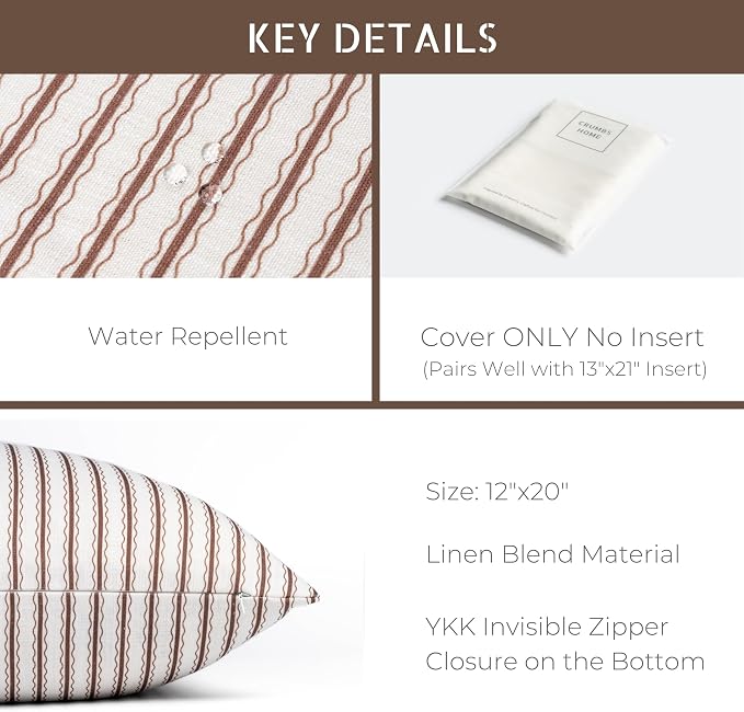 Modern Farmhouse California Casual Indoor Outdoor Lumbar Pillow Cover, 12"x20" Water Repellent for Patio, Backyard, Couch, Poolside, Cocoa Brown Print Wave Stripes