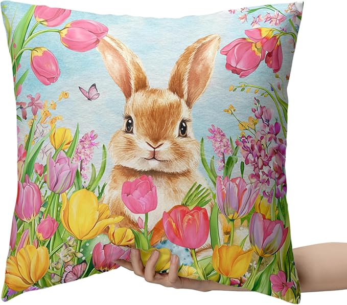Easter Bunny Pillow Covers 22x22 Set of 2 Lovely Rabbit with Tulip Throw Pillow Covers Spring Pillow Case Floral Cotton Blend Cushion Case for Easter Decor Sofa Patio Garden
