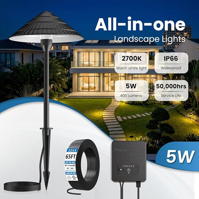 All-in-One Low Voltage Landscape Lighting Kit, 5W Outdoor Lights 2700K | Pathway Lights with 96W Transformer, IP66 Waterproof LED Landscape Lights Dusk to Dawn, Patio Lights for Yard Garden, 8-Pack