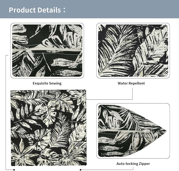 Outdoor Throw Pillow Covers 18x18 Inch, Decorative Pillow Covers for Patio Furniture, Tropical Leaf Black Modern Cushion Cases for Garden Couch Home Sofa, Pack of 2