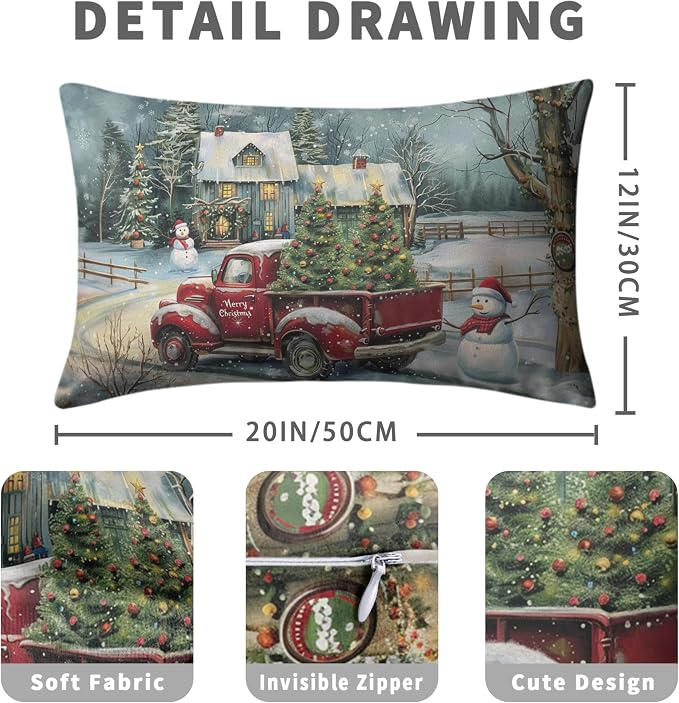 Christmas Lumbar Pillow Covers 12x20 Red Truck with Christmas Trees Snowman Rectangle Pillow Case Xmas Holiday Waist Cushion Case for Bedding Couch Patio Bench Set of 2