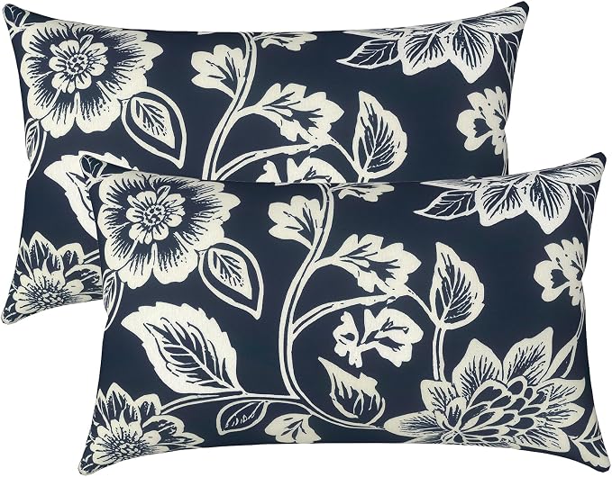LVTXIII Set of 2 Patio Lumbar Pillow Covers ONLY, 12" x 20" Fade Resistant Outdoor Lumbar Pillow Cases,Decorative Garden Lumbar Cushion Covers for Patio Coach Sofa Use, Elegant Vines Navy