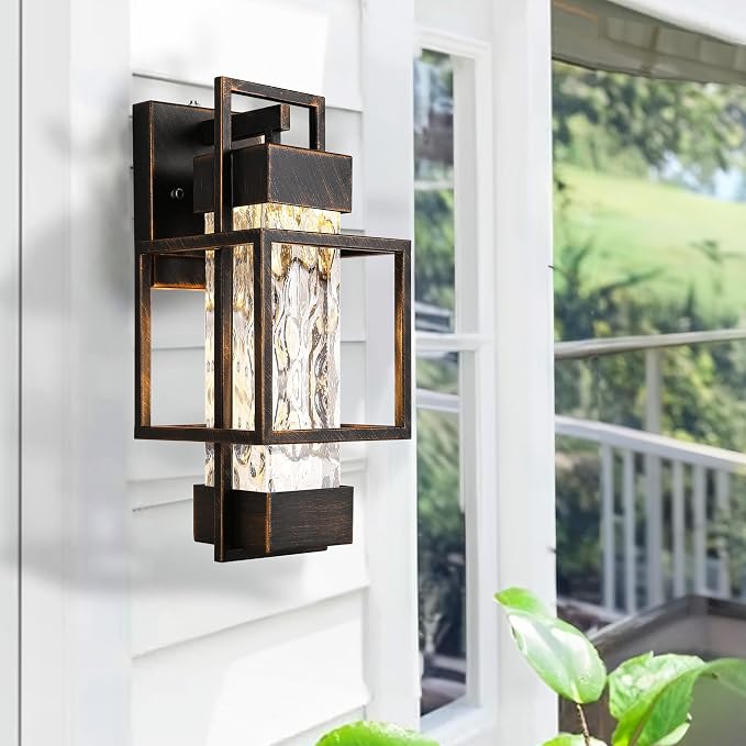 Modern Outdoor Light Fixtures Dusk to Dawn Outdoor Lighting 2 Pack, 15" Exterior Wall Sconce Waterproof Outside Porch Light for House with Water Glass Black Brushed Gold